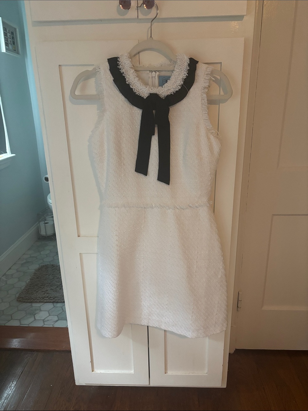 CeCe White Sleeveless Textured Mini Dress with Black Bow